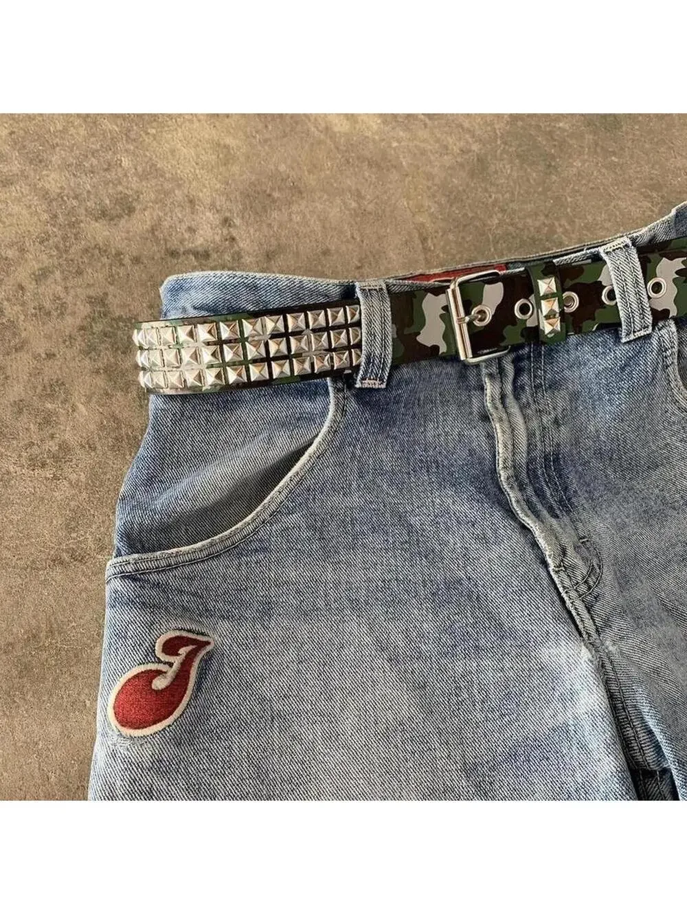 Vintage y2k 2000s Punk Style green camoDiamond Studded black essential belt